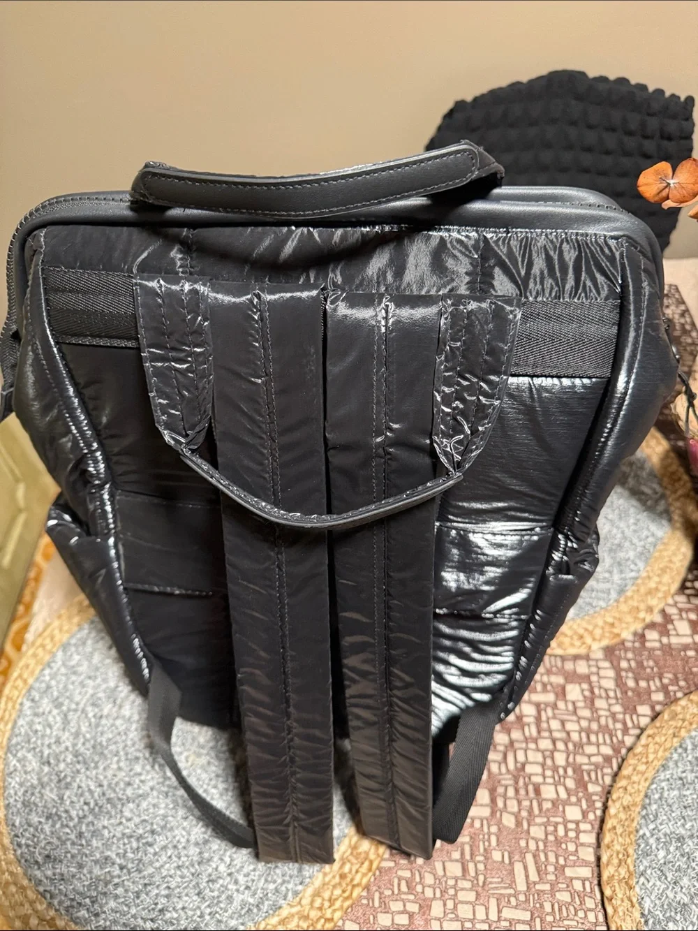 Joan & David Black Quilted Shiny Puffer Backpack Tote